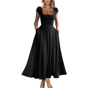 YMDUCH Women's Casual Short Sleeve Square Neck Solid Slim Flowy Maxi Dress with Pockets (Black, S)