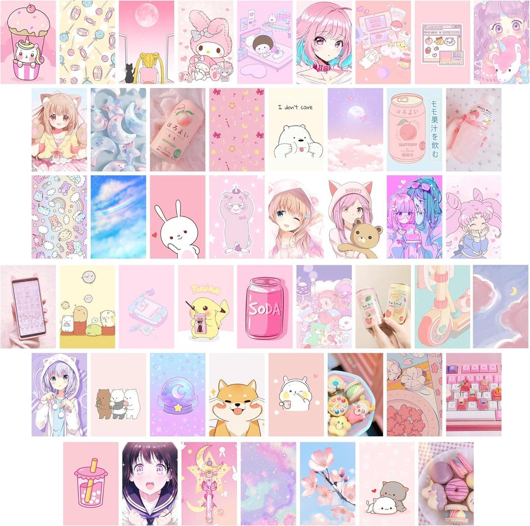 L1rabe 50Pcs Kawai Anime Aesthetic Picture Wall Collage Kit Pink Cartoon Assembled Print Card Set, School Dorm Photo Poster Display Sweet Girls Room Decor Cute Collage Kit Birthday Back to School Gift (Multi)