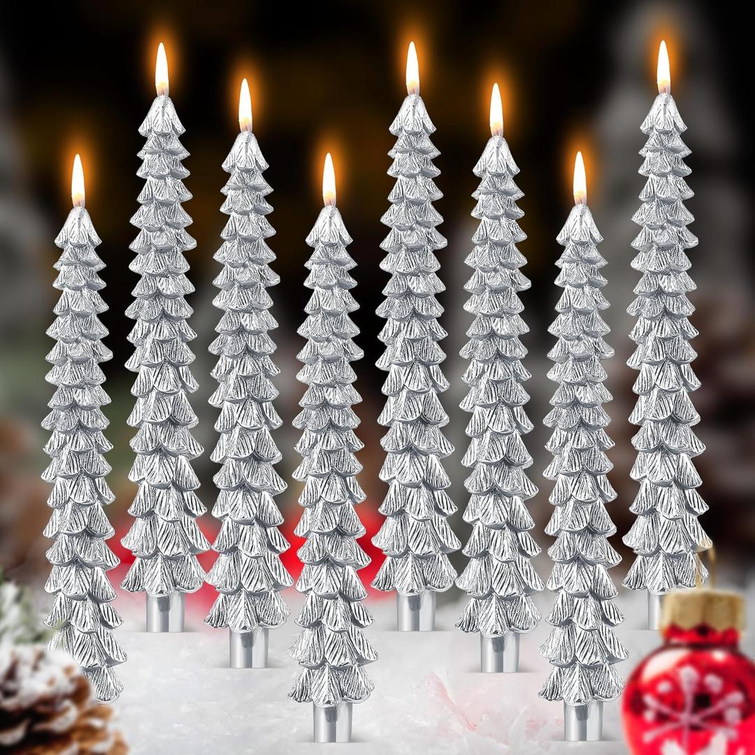 8 Pack Christmas Tree Candles, 10 Inch Pure Beeswax Christmas Tree Shaped Taper Candles for Xmas Holiday Decor, Advent Party Banquet Centerpiece Decoration(Silver)