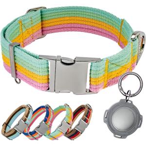 ADITYNA Cotton Dog Collar with AirTag Holder - Heavy-Duty Metal Buckle, Breathable, Easy Adjustable for Medium & Large Breeds - for Walking, Training (Pastel Paradise, Fits 15-21" Necks)