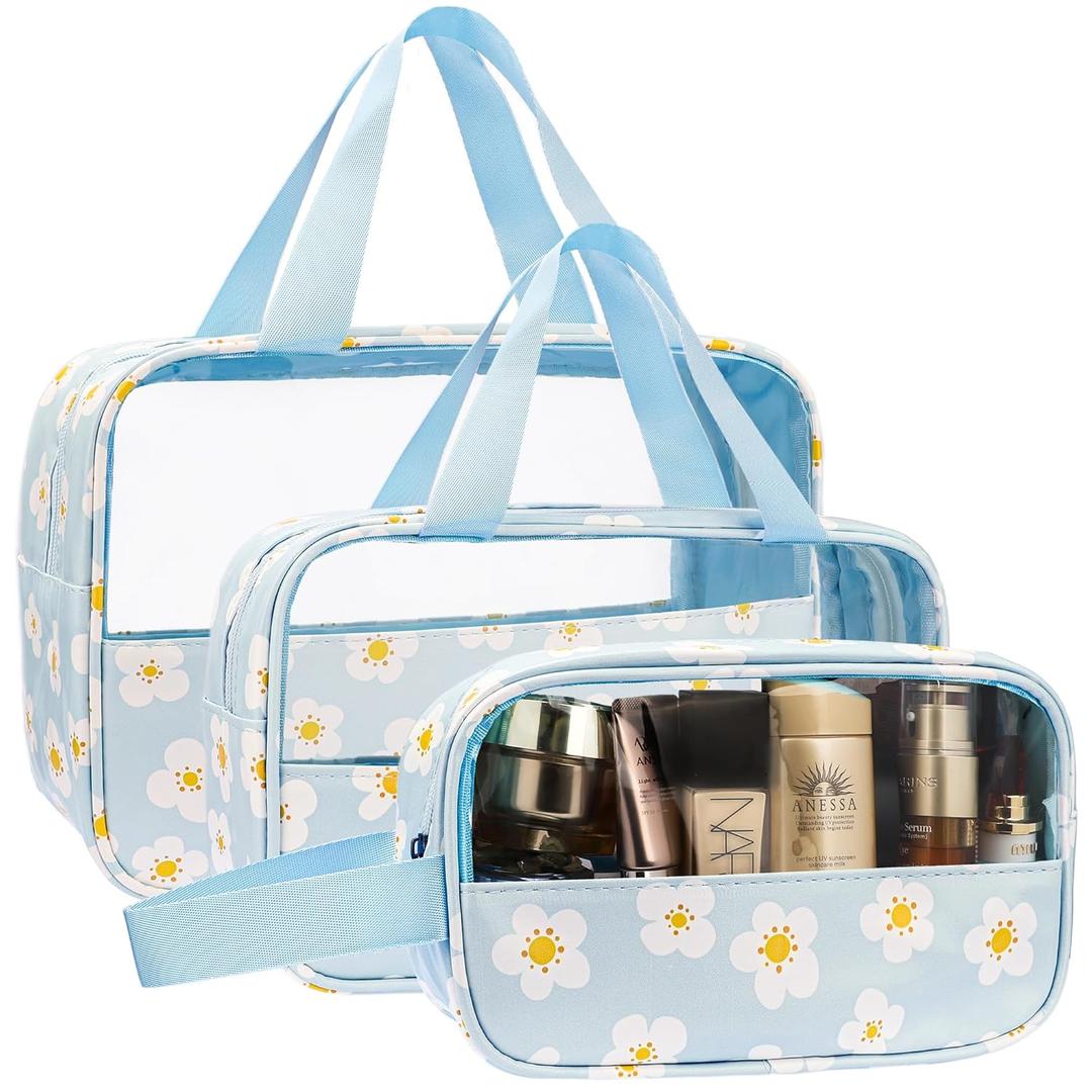 2 x Clear Makeup Bag, TSA-Approved Travel Toiletry Bag for Women Men, 3 Pcs of Carry-On Cosmetic Bag Set, Waterproof Quart Size Organizer Tote Purse Pouch with Handle Zipper Travel Essentials Accessories
