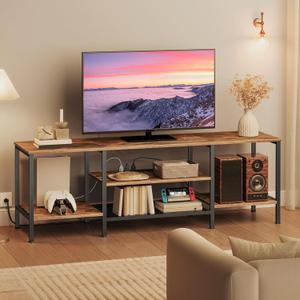 HOOBRO TV Stand with Power Outlets to 75 Inches, TV Console Table with Open Storage Shelves Cabinet, Industrial Media Entertainment Center for Living Room Bedroom, Rustic Brown and Black BF60DS01 (63 Inch, Rustic Brown + Black)