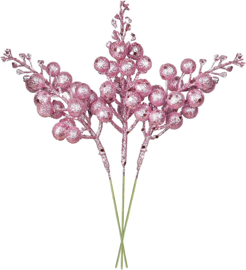 14 Pack Christmas Glitter Berries Stems Clearance, 7.8 Inch Artificial Pink Christmas Picks for Christmas Tree Ornaments, DIY Xmas Wreath, Crafts, Holiday and Home Decor (Pink)