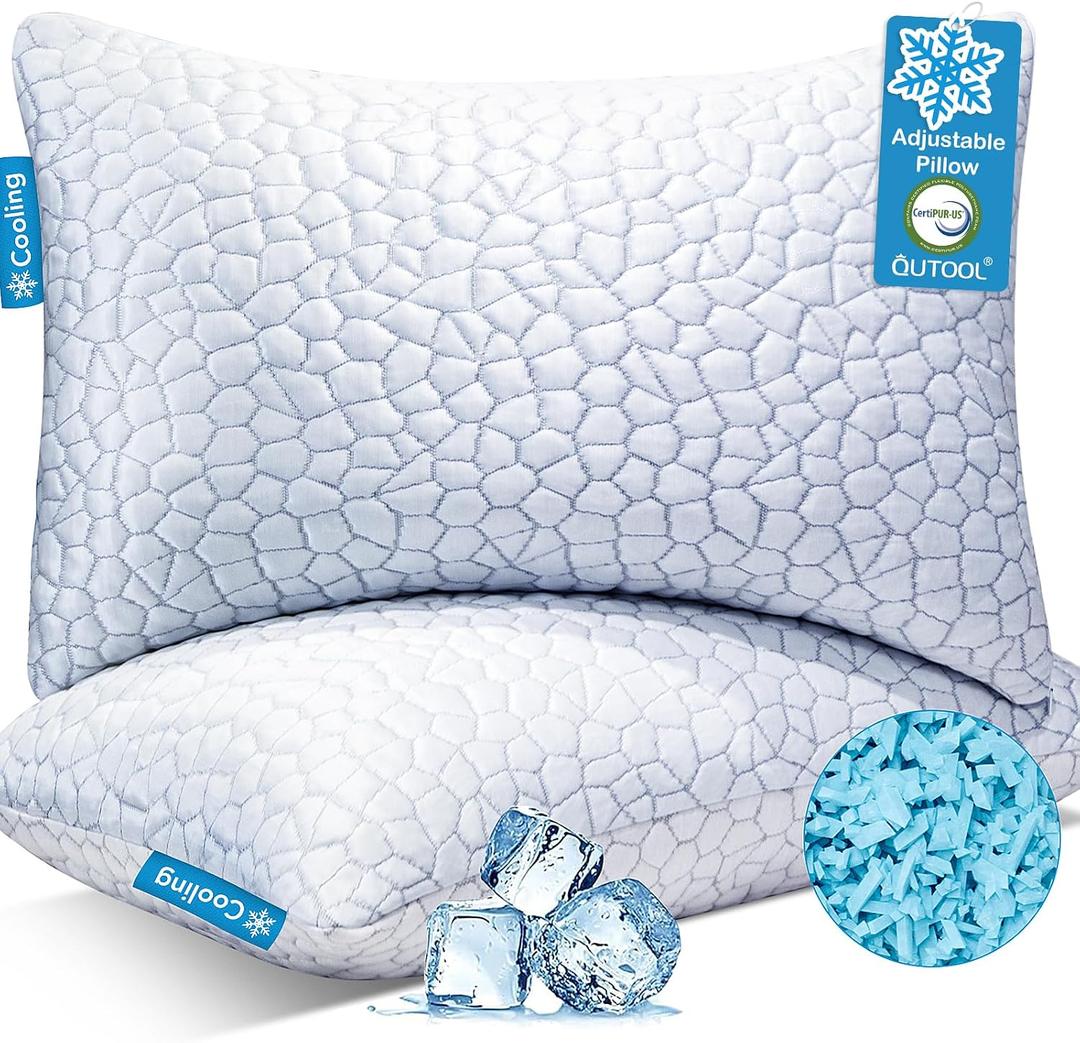 QUTOOL Cooling Pillow for Sleeping, CertiPUR-US Shredded Memory Foam Queen Pillows Set of 1, Cool Pillow for Hot Sleepers Adjustable Firm Pillow for Side, Back, Stomach Sleepers Soft Yet Support,White