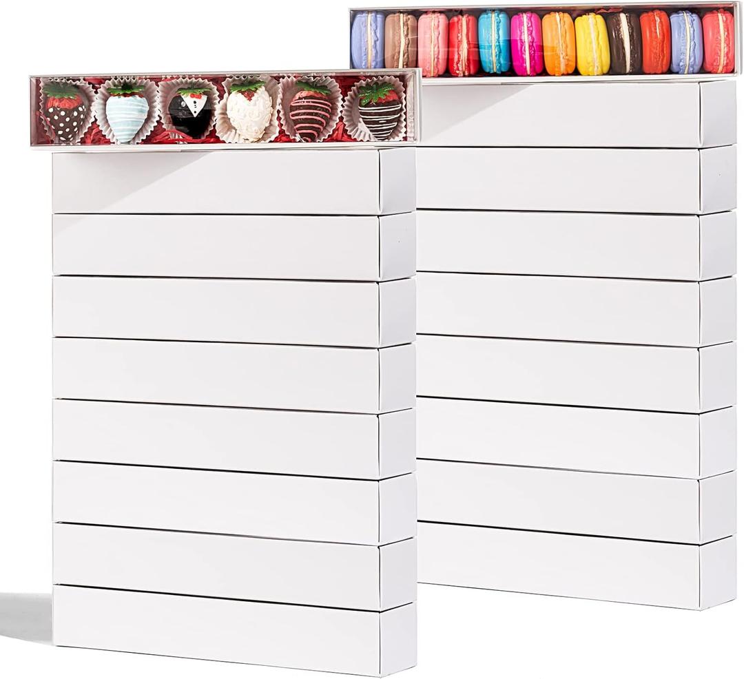 RomanticBaking 50 Pack Long Strawberry Boxes Macaron boxes Truffle Boxes Cocoa Bombs Boxes Cookies boxes Bakery Boxes(12x2 2x2 Inches) (White)
