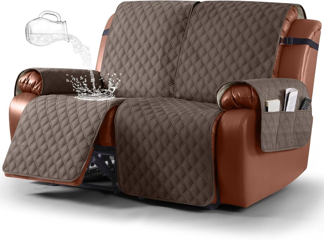 Ruaozz Waterproof Recliner Sofa Covers, 1-Piece Couch Covers for Reclining Couches Reclining Couch Cover Washable Furniture Protector with Elastic Straps Pocket for Kids Pets (Brown, XL 2 Seater)
