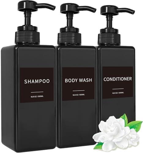 Black Shampoo Dispenser with Pump, YACEYACE 16.9oz Set of 3 Shampoo Bottles with Labels, Empty Refillable Shampoo and Conditioner Bottles, Body Wash Dispenser for Shower, Soap Dispenser Shower (Black, Set of 3, 16.9oz)