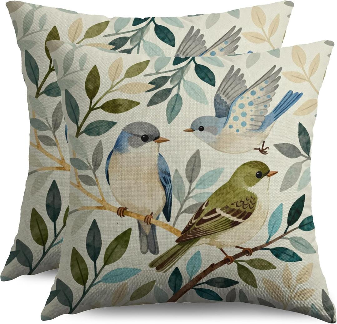 Blue Green Vintage Bird Pillow Covers 18x18 Set of 2, Grey Leaf Print Spring Farmhouse Decorative Throw Pillowcases Outdoor Cushion Cases Rustic Neutral Home Decor for Sofa Couch Bed