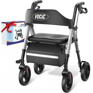 VOCIC Z21 Rollator Walkers for Seniors, Supports 350 lbs, 8" All-Terrain Wheels, Ergonomic Seat & Dual Height Adjustment Lightweight Walker for Seniors 2026, Sleek Silver