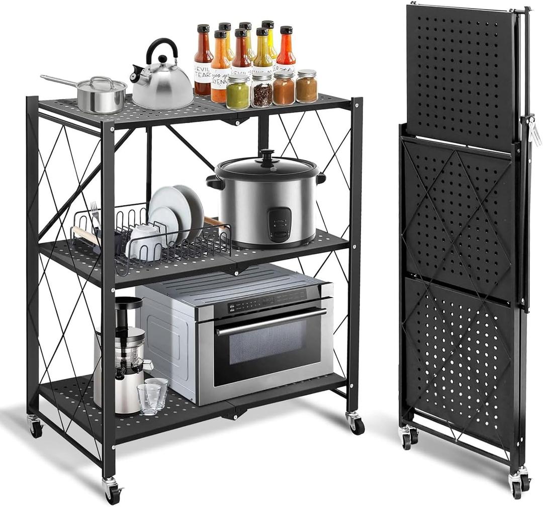 Foldable Storage Shelves with Wheels, Folding Shelving Units Storage, Heavy Duty Metal Collapsible Shelf No Assembly, Large Capacity Pop-Up Organizer for Garage,Kitchen,Living Room, 3-Tier Black