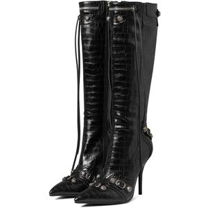 Oiamenne Knee High Boots for Women Fashion Slide Zipper Pointed Toe Stiletto Studded High Heel Rivets Tassel Boots Party Dress Shoes (7, Stone-pattern-black)