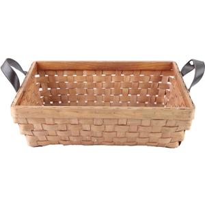Rectangular Wooden Basket, Natural Hand Woven Storage Basket with Leather Handles for Sundries Toys Fruits (16.14"Lx12.2"Wx4.72"H, Honey)