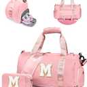 Gifts for 3 4 5 6 7 8 9 10 Year Old Girls-Girl Gym Bag with Shoe Compartment, Kid Personalized Weekender Dance Bags, Initial Travel Tote with Makeup Pouch, Gift Ideas for Kids (Letter M) (Solid Pink)