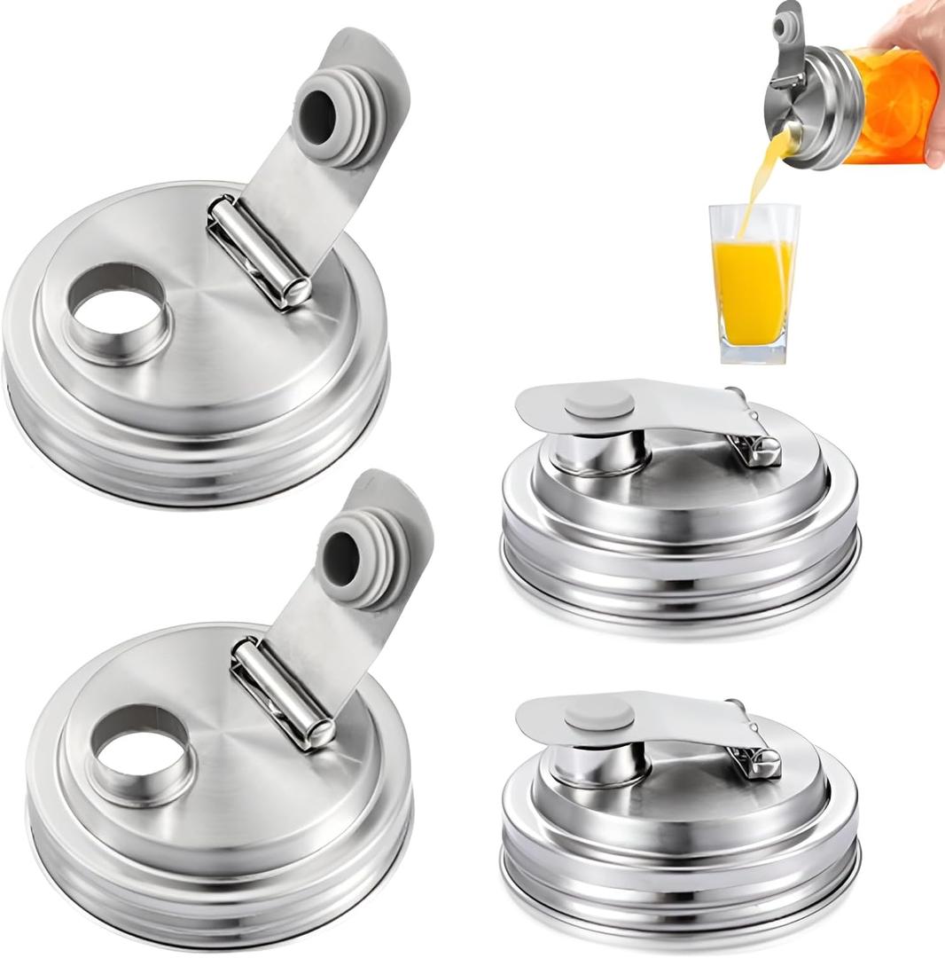 4 Pack Stainless Steel Wide Mouth Mason Jar Pour Spout Lid, Mason Jar Pitcher Flip Cap Lids, Airtight & Leak-proof Seal, Canning Lids for Wide Mouth Ball Mason Jar (silver lid)
