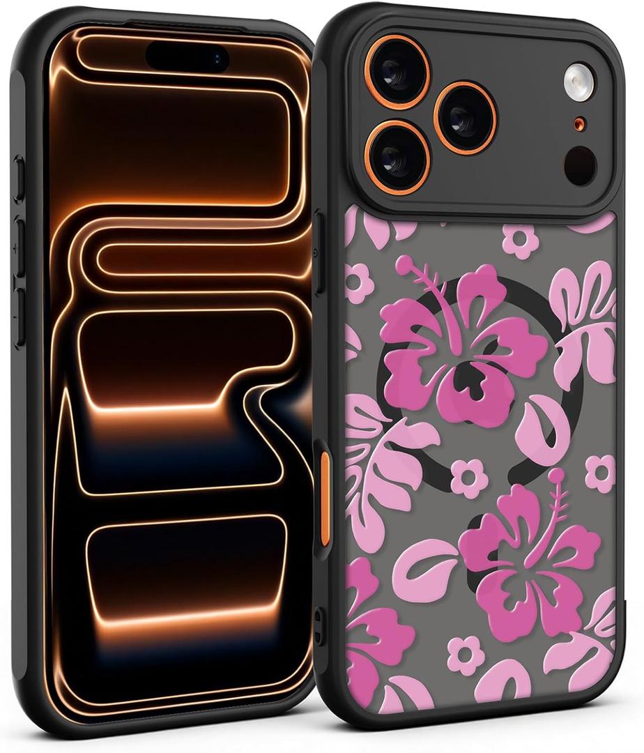 for iPhone 17 Pro Case, Black Floral Flower Pattern Case [Compatible with MagSafe] [Translucent Matte] Cute Slim Shockproof Protective Women Girls iPhone Case, Pink Hibiscus Flower