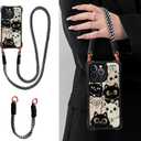Case for iPhone 13 with Strap Lanyard Cartoon Cat Leather Touch Secure Grip Comfortable Cover for Girl Crossbody Strap Included (iPhone 13)