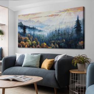 Arjun Forest Wall Art Landscape Foggy Nature Painting Modern Indigo Green Pine Tree Scenery Picture, Mountain Misty Large Framed Artwork for Living Room Bedroom Bathroom Office Home Wall Decor 40"x20"