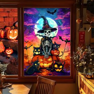 HOMETITUTE Halloween Window Film 31x47 Inch Cat Skeleton Privacy Pumpkin Lantern Scene Spooky Window Film for Halloween Decor with Witch Hat Bats Moon Black Cats Scary Party Decoration