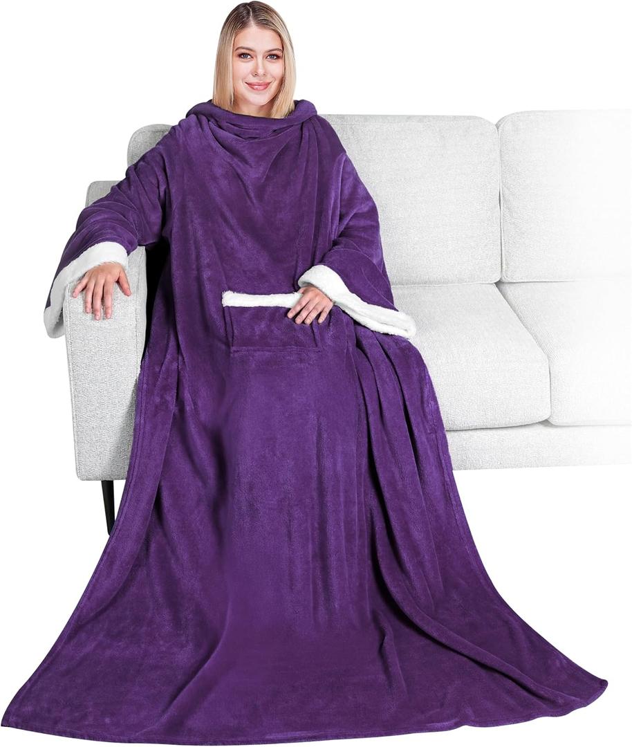PAVILIA Fleece Blanket with Sleeves for Women Men Adults, Wearable Blanket Warm Soft Plush, Snuggle Pocket Sleeved TV Throw Wrap, Cozy White Elephant Gifts Ideas Mom Wife, Dark Purple