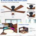 Brown RGB Ceiling Fans with Lights - 46" Flush Mount Ceiling Fan with Remote APP, RGB+3CCT Dimmable Led Light, Reversible 6 Wind Speeds&2H Timer, Low Profile Modern Fan Light Fixture for Bedroom Party
