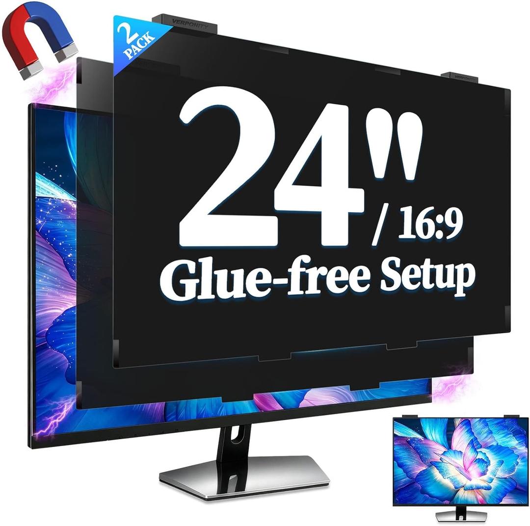 2 Pack 24 Inch Magnetic Privacy Screen for Computer Monitor 16:9, Anti Blue Light Anti-Glare Screen Protector, Tool-free Removable Hanging Privacy Screen for Monitor, Anti-peep Eye Protection Privacy Filter for Frameless Screens