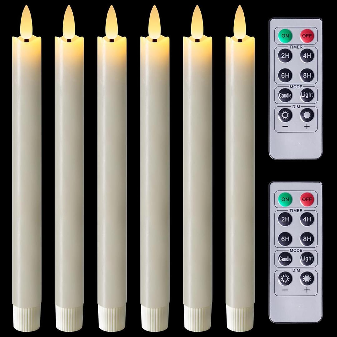 Homemory Waxy Flameless Taper Candles with Remote Timer Dimmer, LED Candlesticks Flickering, Battery Operated Window Candles, 9.6 Inches for Christmas Wedding Celebration Decor, Ivory, 6 Pcs 1Pcs Miss