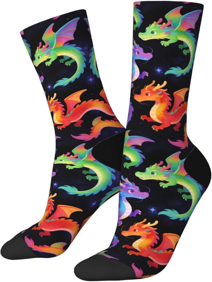 Cute Novelty Crew Socks, Funny Athletic Crazy Dress Socks Gift For Men Women (One Size, Dragon)