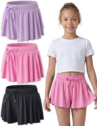 3 Pack Girls Flowy Shorts with Spandex Liner 2-in-1 Youth Butterfly Skirts for Fitness, Running, Sports L