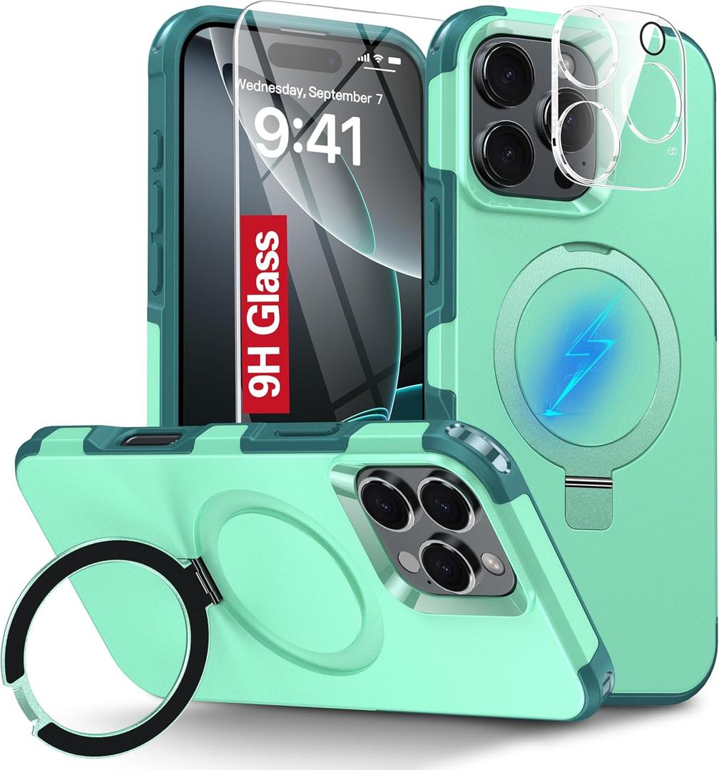 Oterkin Magnetic for iPhone 16 Pro Max Case Compatible with MagSafe [Foldable Invisible Stand][Tempered Glass Screen Protector & Camera Lens Protector] 15FT Military Dropproof Case (Green)