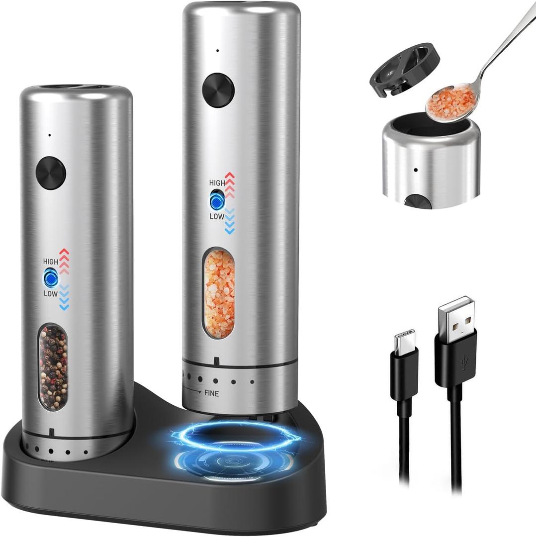 CIRCLE JOY Electric Salt and Pepper Grinder Set with Rechargeable Base Upgraded Stainless Steel Automatic Salt and Pepper Shakers with 2 Grinding Speeds, External Adjustment and 110ml Capacity, Silver