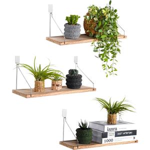 MITIME Floating Shelves Set of 3 Rustic Solid Wood Floating Shelf Wall Storage Shelves for Living Room, Bedroom, Bathroom, Kitchen Laundry, Office,no Drill Shelf(Light Color L+L+L)