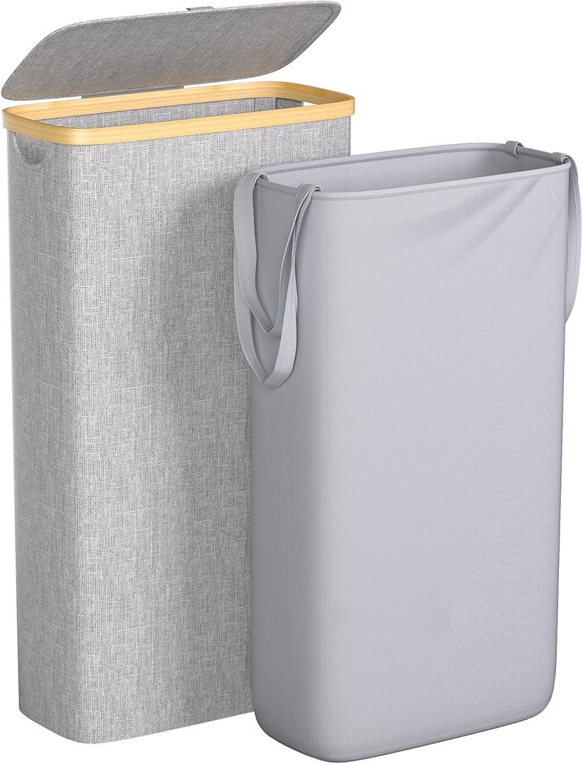 Slim Laundry Hamper, 60L Waterproof Narrow Laundry Basket with Lid and Removable Bag, Collapsible Tall Clothes Hamper with Bamboo Handles for Clothes Toys in Dorm Bedroom Bathroom, Grey