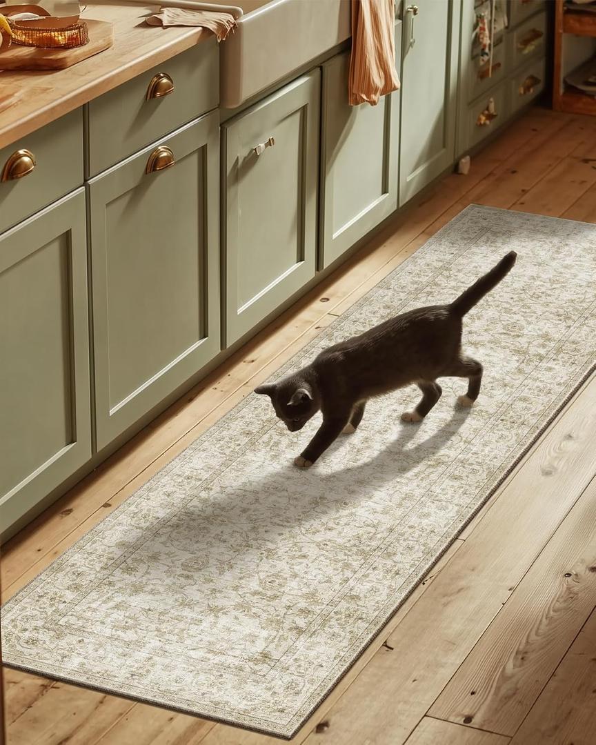 Washable Kitchen Rug Runners for Hallways: 2'6"x8' Bedroom Runner Rug Non Slip Low-Pile Stain Resistant Soft Carpet Runner for Indoor Entryway Hallways Kitchen Laundry Room Beside Farmhouse (Beige and Brown)