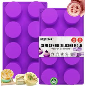 (2 Pack) 8-Cavity Round Silicone Mold for Soap, Cake, Bread, Cupcake, Cheesecake, Cornbread, Muffin, Brownie, and More (Purple)