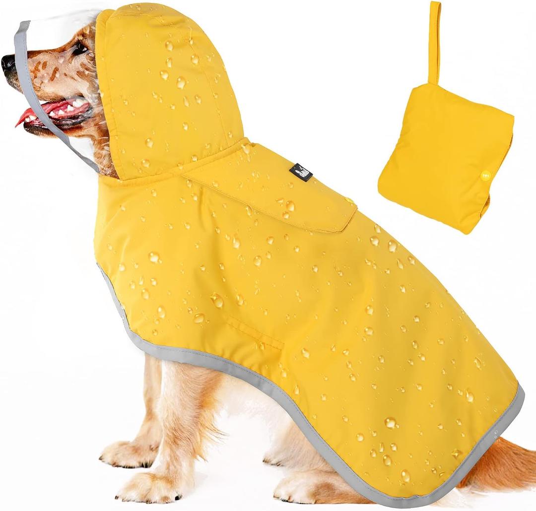 Lukovee Adjustable Dog Rain Jacket with Clear Hooded Double Layer, Waterproof Dog Rain Coat Poncho with Reflective Storage Pocket & Rim (Yellow, XXL) (2X-Large)