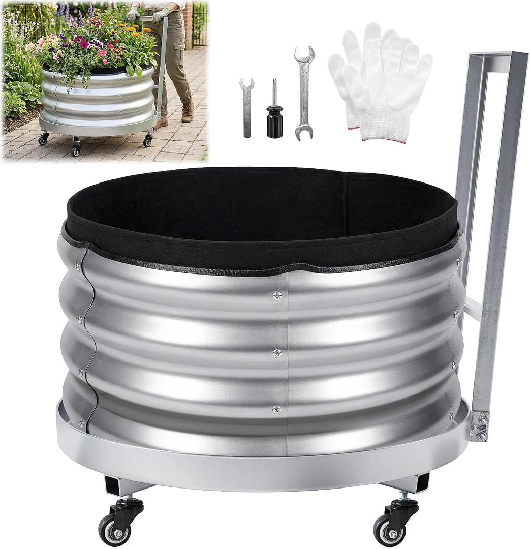 Large Galvanized Metal Raised Garden Bed Outdoor with Wheels, Planters Box for Outdoor Plants with Geotextile Grow Bag & Plastic Tray Pad, for Vegetables/Herbs/Flowers, 24" X 11.5"