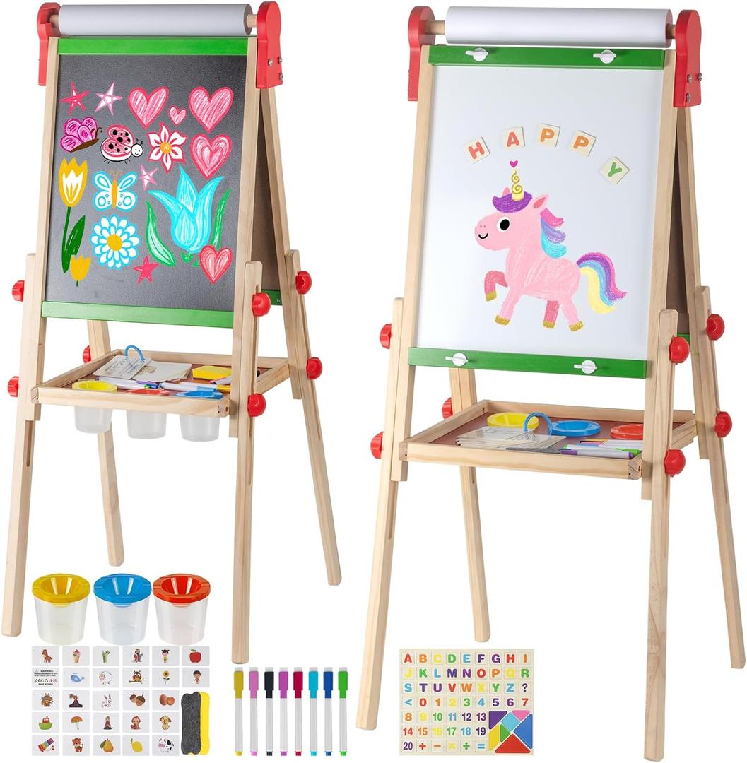 Kids Art Easel with Paper Roll for Toddlers, Adjustable Double Sided Magnetic Drawing Board Dry Erase Whiteboard & ChalkboardEasel for Toddlers 2-4 Years Painting Wooden Easel Kids 4-8