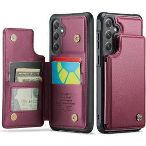 Vinich for Samsung Galaxy S25 Wallet Case with Card Holder, RFID Blocking Credit Slots Kickstand Shockproof Phone Cover for Women Men, Wine Red
