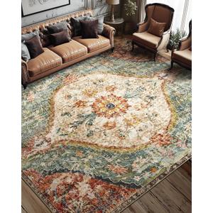 8x10 Rug, Washable Vintage Boho Carpet, Non Slip Low Pile Water Repellent Soft Print Pattern Indoor Rug for Living Room & Bedroom, Beige Red Green