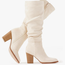 Putu Women's Pointed Toe Knee High Boots Faux Suede Slouch Boots with Chunky Heel