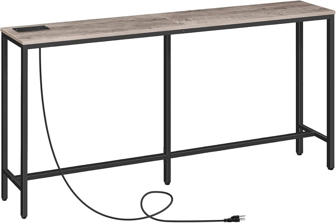 63" Console Table with Power Outlet, Narrow Sofa Industrial Entryway Behind Couch Table with USB Ports for Entryway, Hallway, Foyer, Living Room, Bedroom, Greige CTHG16E01Z1
