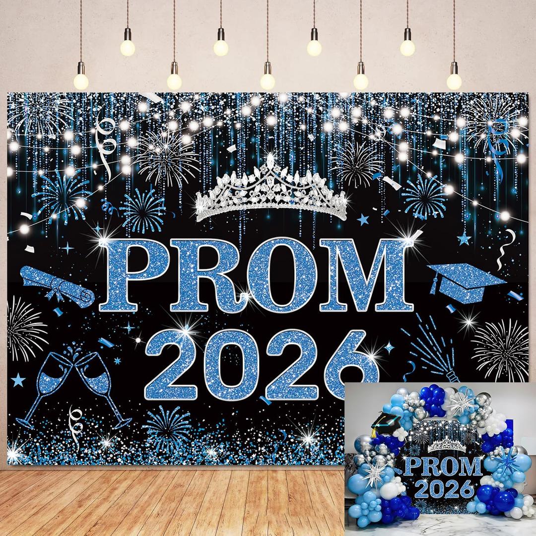 Prom 2026 Backdrop Blue Silver Class of 2026 Graduation Prom Send Off Congrats Grad Photography Background School Celebration Party Decorations Banner Photo Booth Props (Blue Silver, 7x5FT)