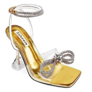 Zzheels Double Bowknots Crystal Sandals Clear Slingback Heels Square Toe Shoes for Party Wedding Dating Gold US8.5