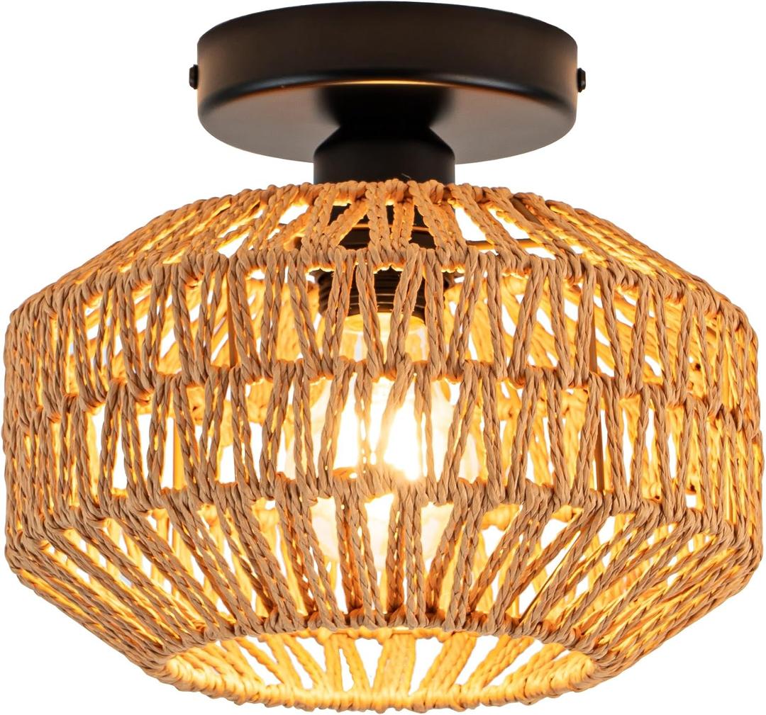 Mini Rattan Boho Ceiling Light Fixture, Small Woven Semi Flush Mount Ceiling Light, Wicker Light Fixture Hallway,Laundry Room, Closet,Nursery E26 1 Light