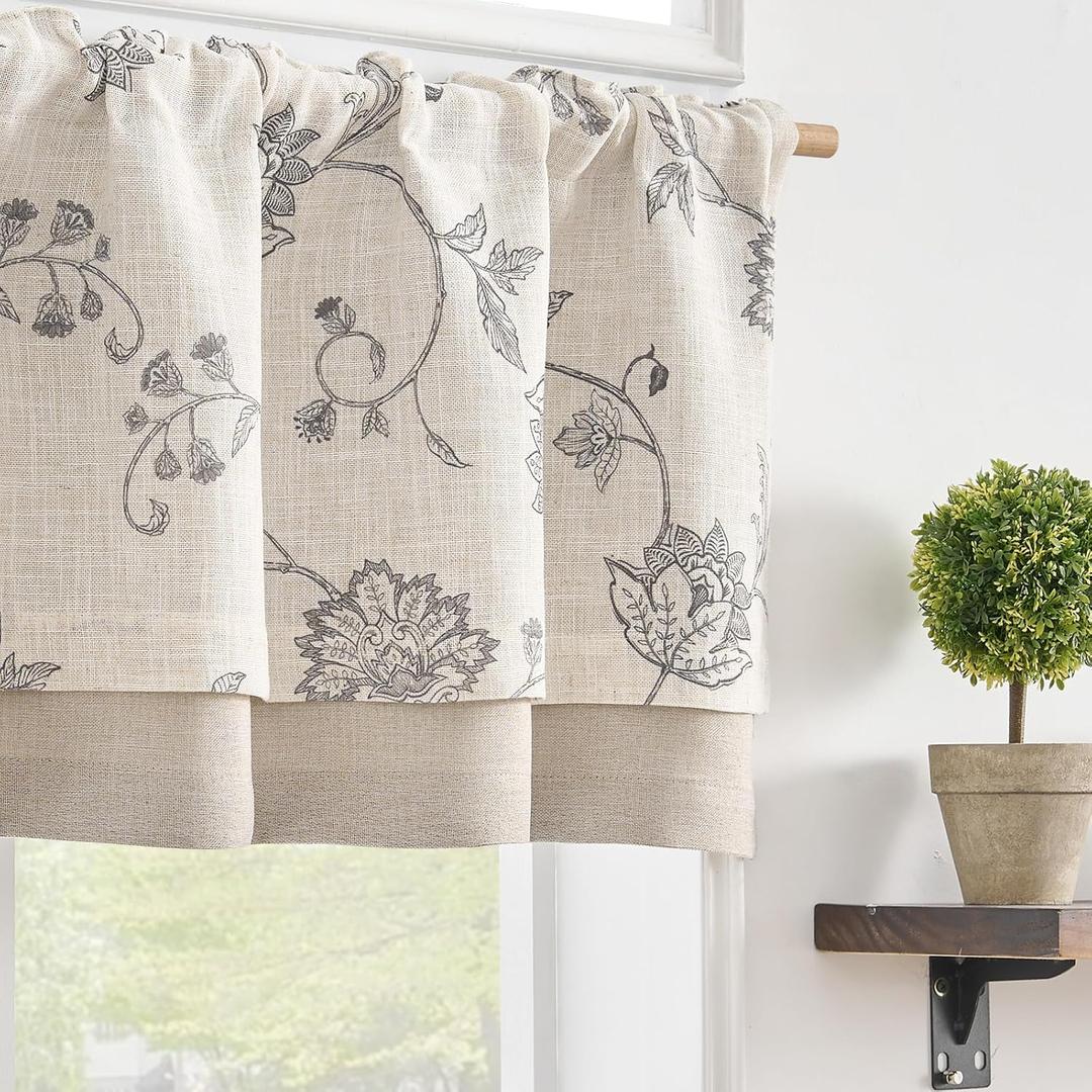 jinchan Linen Blend Gray Floral Valance Double Layer Light Filtering Valance 18 Inch Cottagecore Farmhouse Window Treatment Decor for Kitchen Bedroom Living Room Rod Pocket 1 Panel Grey on Beige