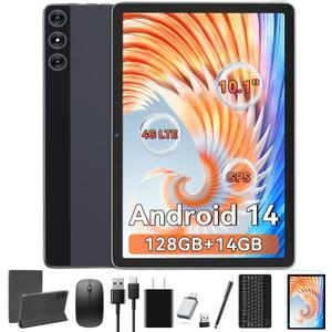 Tablet 10.1 Inch Android 14, Octa-Core 5G WiFi, 4G Cellular(T-Mobile), 128GB ROM 14GB RAM, 2025 Latest Tab with Keyboard Bundle 1TB Expand Android Tablet 13MP+8MP Dual Camera, GPS Unlocked HD Display (Gray)