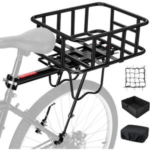 Upgraded Rear Bike Rack with Basket, Removable Adjustable Bike Basket Rear with Liner,Waterproof Cover,Cargo Net, Heavy Duty Bicycle Rear Basket for Most Bikes and E-Bike