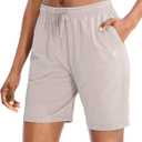 G Gradual Women's 7" / 9" Shorts with Deep Pockets Elastic Waist Bermuda Jersey Long Shorts for Woman Lounge Walking (Beige, XL)