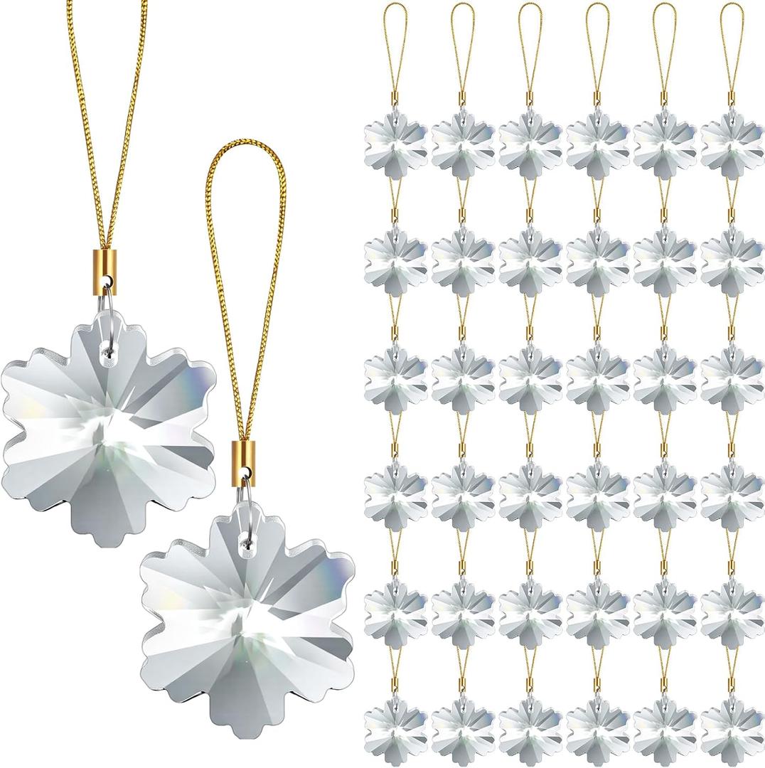 XunYee 36 Pcs Crystal Glass Christmas Balls Ornaments, 1.18" Mini Hanging Crystal Prism Xmas Tree Decorations Pendants for Home Wedding Birthday Party Holiday Decorations(Clear,Snowflake Style)