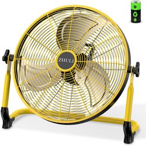ZHULI 14" Portable Battery Operated Floor Fan, Rechargeable Cordless Camping Fan, Hi-Velocity Brushless Motor, Metal blade, USB Phone Charge, 8~60H Runtime, Quiet, Wireless, For Outdoor Home Workshop